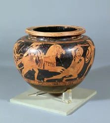 Bol à mélanger (Dinos) décoré en relief noir et blanc montrant une scène de bataille héroïque, œuvre du peintre d