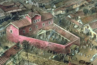 Reconstruction du temple triangulaire du IIe siècle à Verulamium