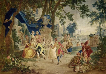 La fête villageoise après D.Teniers, tissée par LeClerc et J.van der Borg, fin 17e siècle, paysage probablement conçu par Lucas Achtschelling