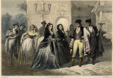 Une scène galante à Majorque, un jeune homme offre une fleur à une fille. Dans le livre sur la Méditerranée par Louis Enault (1824-1900), journaliste et voyageur français