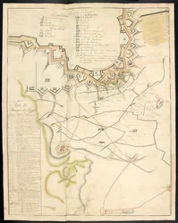 Plan teinté des travaux de siège. Journal du siège de Bergen op Zoom, par les Français, en 1747 ; précédé d