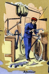 Un ajusteur. Alphabet illustré. Imageries réunies à Jarville-Nancy, début 20ème siècle. Dim : 40 x 29 cm. Lithographie sur fond bistre.