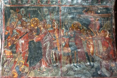 Fresques anciennes ; peintures murales ; baiser de Judas ; Crucifixion de Jésus ; Église Panagia et Sotiras ; Église orthodoxe grecque ; Roustika ; Crète ; Grèce ; Europe