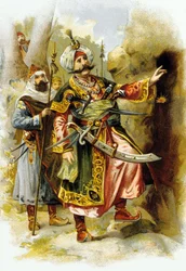 Les Mille et Une Nuits : Ali Baba et les Quarante Voleurs : le chef des voleurs disant "Sésame, ouvre-toi", publicité pour "Le Bon Marché" c. 1900
