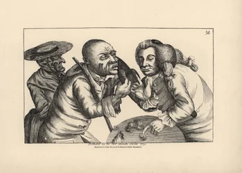 Toby en faillite et sa femme Doxy mendiant du fromage et de la bière dans une taverne. Gravure sur cuivre par Thomas Sanders d