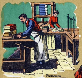 Reliures. Alphabet illustré. Imageries réunies à Jarville-Nancy, début du 20ème siècle. Dim : 40 x 29 cm. Lithographie sur fond bistre