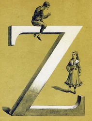 Garçon assis sur la lettre Z et petite fille debout en dessous. Alphabet illustré. Imageries réunies à Jarville-Nancy, début du 20ème siècle.