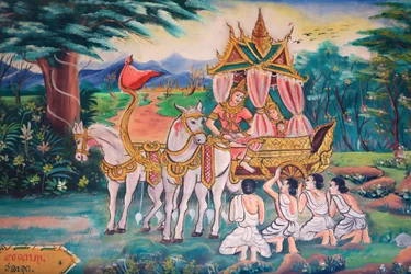 Bouddha et la princesse Yashodhara et leur fils, Rahula. Vie de Bouddha. Peintures murales. Wat Inpeng. Vientiane. Laos
