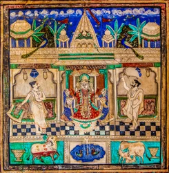 Cour de Chittra Shala avec des peintures virtuoses, fort de Taragarh, Bundi, Rajasthan, Inde, Asie