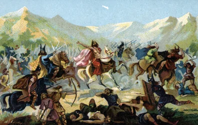 Clovis I (466-511), roi des Francs, lors de la bataille de Tolbiac en 496 contre la tribu germanique des Alamans, a juré de se convertir en cas de victoire. Fin du XIXe siècle (chromolithographie)