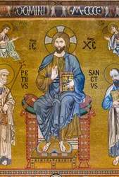 Contre-façade : mosaïque "Majesté du Christ en trône entre les Saints Pierre et Paul", XIIe siècle, Chapelle Palatine, Palais des Normands, Palerme, Sicile, Italie