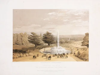 Palais de Cristal, après la Grande Exposition La fontaine et le parc depuis les marches de la terrasse du Palais de Cristal, c 1855