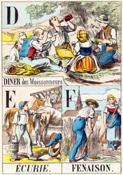 D E F : Dîner des moissonneurs, Écurie, Fenaison - « Alphabet de la ferme » fin du XIXe siècle (gravure)