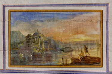 Détail de la décoration représentant un paysage, La Salle Rouge, Appartement Royal, Palais des Normands, Palerme, Sicile, Italie