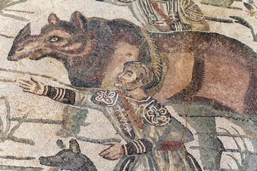 Détail de la mosaïque de la grande chasse. Un rhinocéros est conduit sur un bateau pour être transporté au port le plus proche. IIIe - IVe siècle. Villa romaine du Casale, Sicile. Site UNESCO.
