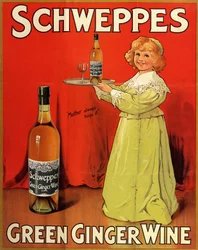 Affiche publicitaire anglaise pour les boissons Schweppes Green Ginger Wine