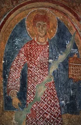 Figure de saint, fresque dans la Chapelle de Saint-Nicolas (11e-15e siècles), Mottola, Pouilles, Italie