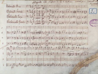 Première page de la partition pour quatre violoncelles de la Symphonie n° 7 en la majeur, op. 92, de Ludwig van Beethoven