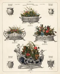 Supports de fleurs, plats de fleurs, vases et jardinières. Lithographie d