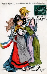 La France délivrant ses enfants (Alsace et Moselle, Lorraine), carte postale par Fercham