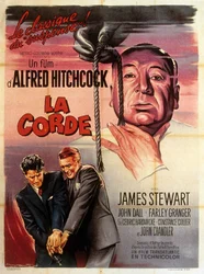 Affiche française du film La Corde, réalisé par Alfred Hitchcock, avec Jimmy Stewart, John Dall et Farley Granger, 1948
