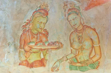Fresque; femme seins nus avec des fleurs; Apsaras; site du patrimoine mondial de l