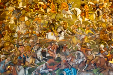 Fresque ; bataille de Chaldiran contre le sultan ottoman Selim Ier ; 1514 ; Chehel Sotoun ; palais des Quarante Colonnes ; Ispahan ; Iran ; Asie