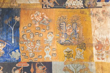 Fresques ornant les murs du Wat Bo représentant des scènes du Reamker, Siem Reap, Cambodge