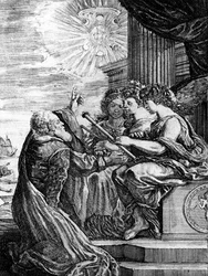 Galilée présentant son télescope aux Muses et indiquant un système héliocentrique de l