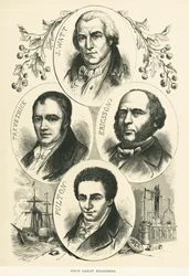 Grands ingénieurs et inventeurs : James Watt, John Ericsson, Robert Fulton, Richard Trevithick, vers 1880