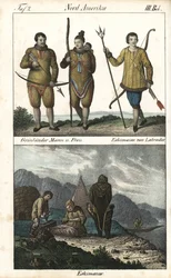 Habitants du Groenland portant des peaux et un Inuit du Labrador (Canada) avec un trident. En dessous, une scène quotidienne de la vie familiale inuit devant un igloo, une tente et un canoë, Amérique du Nord. Lithographie pour le livre : « Galerie complète