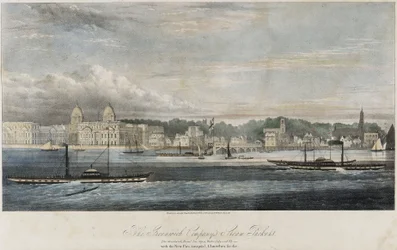 Vapeurs de la Greenwich Transport Company (Greenwich, Royal Tar, Gipsy, Water Lily et Fly) devant les bâtiments de la jetée de Greenwich (Angleterre)