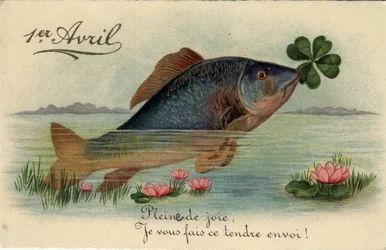 Carte de vœux pour le 1er avril : poisson avec un trèfle à quatre feuilles - Carte postale fin XIXe-XXe siècle