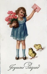 Carte de vœux de Pâques : une petite fille apportant une lettre scellée accompagnée de deux poussins - Carte postale fin 19e-20e siècle