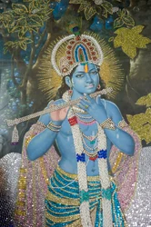 Hindouisme : peinture de Lord Krishna avec une flûte ; Durgiana Mandir Vishnu Temple ; Amritsar ; Pendjab ; Inde
