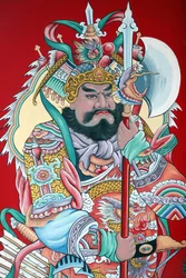 Temple bouddhiste chinois Hoi Tuong Te Nguoi Hoa. Peintures de figures de gardiens sur la porte. Phu Quoc. Vietnam.