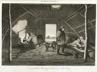 Hutte du Kamtchatka (péninsule extrême-orientale de la Russie) et traîneau de transport, vers 1810