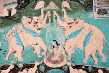 Inde, Rajasthan, BUNDI : fresque du Palais Chitra Shala (18e & 19e siècle) (photo)