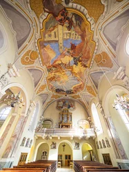 Intérieur, peinture de plafond par Hans Andre, Servitenkirche, Innsbruck, Tyrol, Autriche, Europe