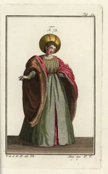 Noble italienne en robe de cour avec manteau doublé de fourrure et manches volumineuses