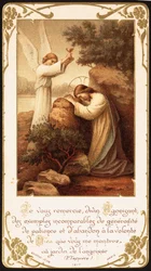 Jésus priant à genoux dans le Jardin de Gethsémani, un ange lui présentant un calice. Début du 20e siècle (carte postale)