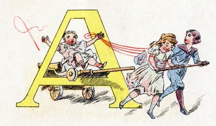 Lettre A : Attelage amusant. Alphabet de Phosphatine Falières. Gravure. Alphabet breveté S.G.D.G. par le pharmacien Pierre Émile Falières. Illustrations en chromolithographie, fin 19ème siècle. 16 pages. Dim : 103x154 mm.