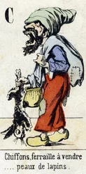 Lettre C « Chiffons, ferraille à vendre... peaux de lapin ». Alphabet « Amusement des enfants ». Imagerie d