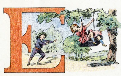Lettre E : Escarpolette. Alphabet de Phosphatine Falières. Gravure. Breveté alphabet S.G.D.G. par le pharmacien Pierre Émile Falières. Illustrations en chromolithographie, fin 19ème siècle.