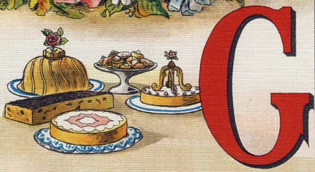 Lettre G : Gâteaux. Gravure dans "Alphabet de ma petite fille". Bernardin-Béchet et Fils, libraires-éditeurs, Paris, vers 1895. Album incassable sur toile. Bibliothèque des Bébés.