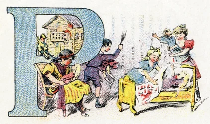 Lettre P : poupée Polichinelle. Alphabet de Phosphatine Falières. Gravure. Alphabet breveté S.G.D.G. par le pharmacien Pierre Émile Falières. Illustrations en chromolithographie, fin du 19e siècle. 16 pages