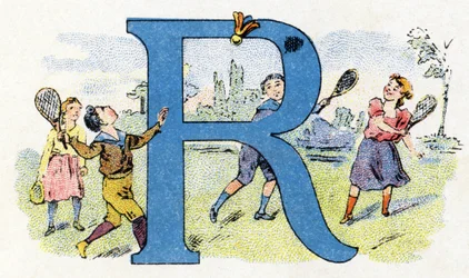 Lettre R : raquette volante. Alphabet de Phosphatine Falières. Gravure. Alphabet breveté S.G.D.G. par le pharmacien Pierre Émile Falières. Illustrations en chromolithographie, fin du 19e siècle. 16 pages