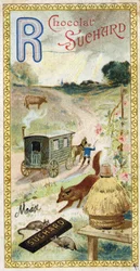 Lettre R : rayons, ruminant, roulotte, ruche, renard, rats, rose. Gravure de l