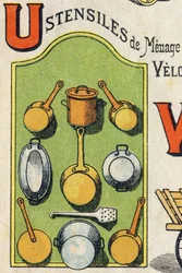 Lettre U. Cocotte, poêle, écureuil, casserole... Gravure dans « ABC Toys ». Imagerie d