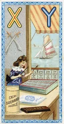 Lettre X : xylophoniste et Y : yatagan, yacht. Gravure de l